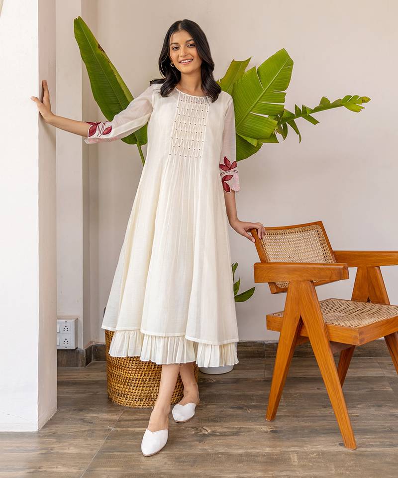 Red Embroidery On Sleeves, Smocking In The Center With Frill Inner Dress