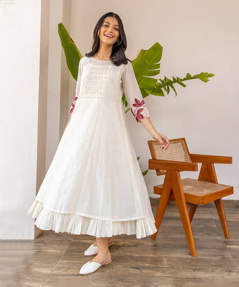 Red Embroidery On Sleeves, Smocking In The Center With Frill Inner Dress