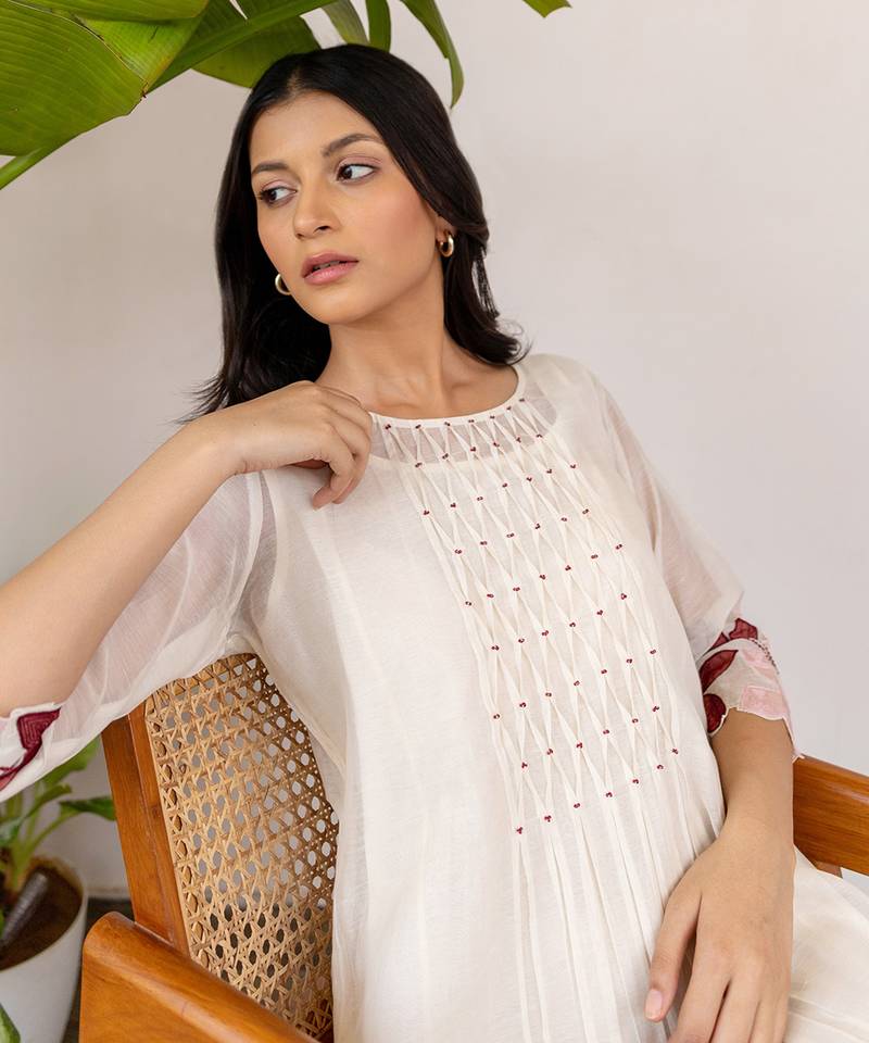 Red Embroidery On Sleeves, Smocking In The Center With Frill Inner Dress