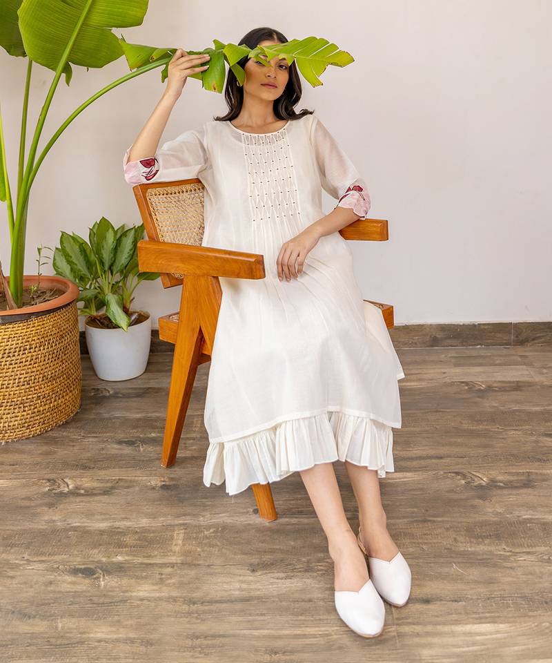 Red Embroidery On Sleeves, Smocking In The Center With Frill Inner Dress