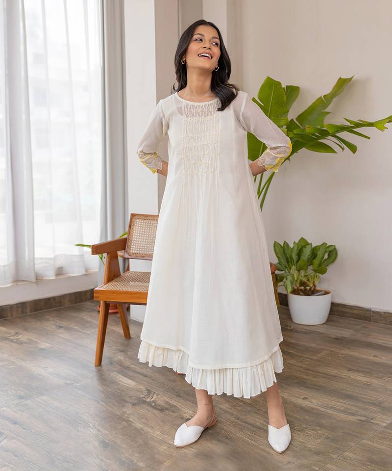 Yellow Embroidery On Sleeves, Smocking In The Center With Frill Inner Dress