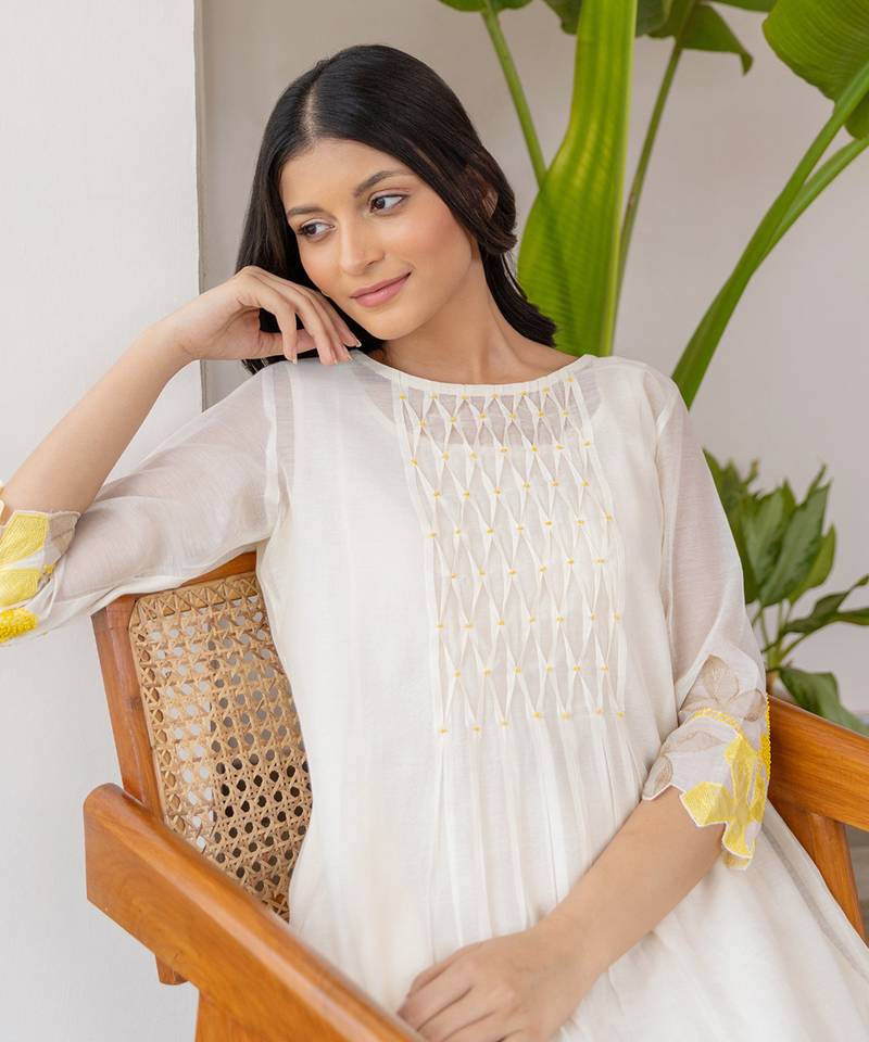 Yellow Embroidery On Sleeves, Smocking In The Center With Frill Inner Dress