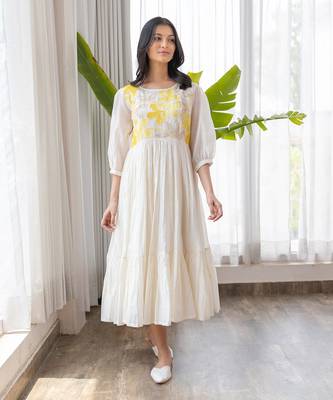 Yellow Full Yoke Embroidery Two Frill Dress 1