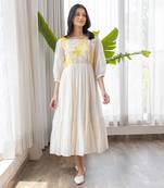 Yellow Full Yoke Embroidery Two Frill Dress