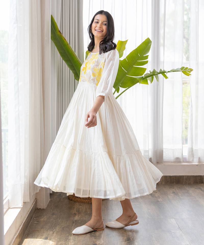 Yellow Full Yoke Embroidery Two Frill Dress