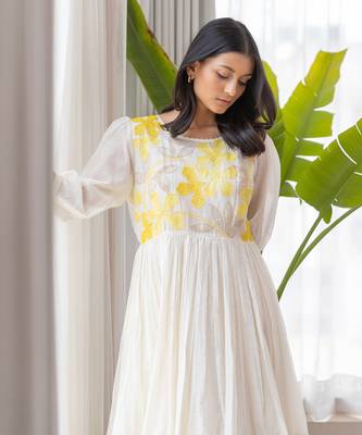 Yellow Full Yoke Embroidery Two Frill Dress 3