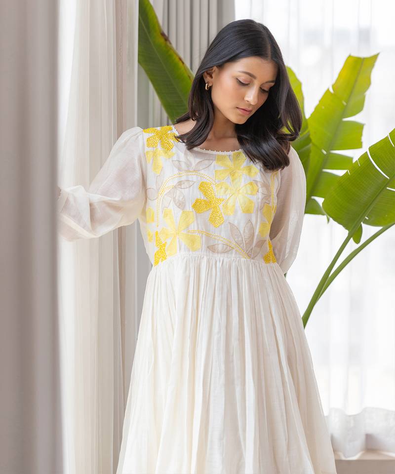 Yellow Full Yoke Embroidery Two Frill Dress