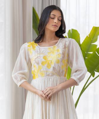 Yellow Full Yoke Embroidery Two Frill Dress 4