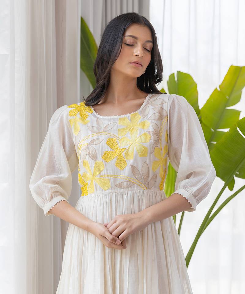 Yellow Full Yoke Embroidery Two Frill Dress