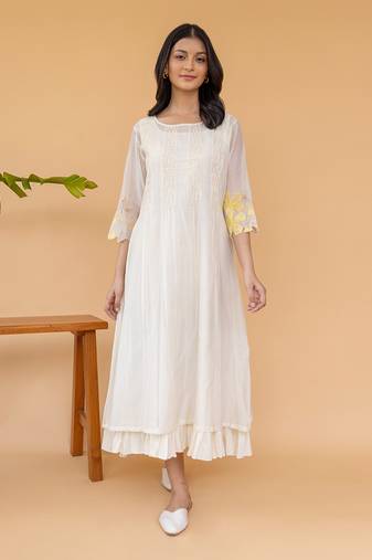 Yellow Embroidery On Sleeves, Four Smocking Lines With Frill Inner Dress
