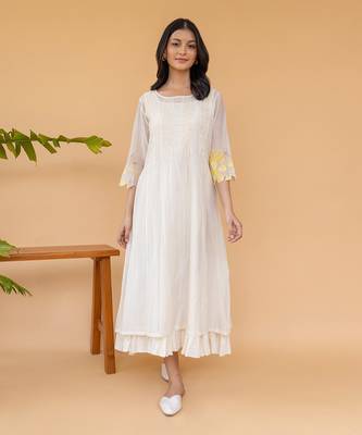 Yellow Embroidery On Sleeves, Four Smocking Lines With Frill Inner Dress 1