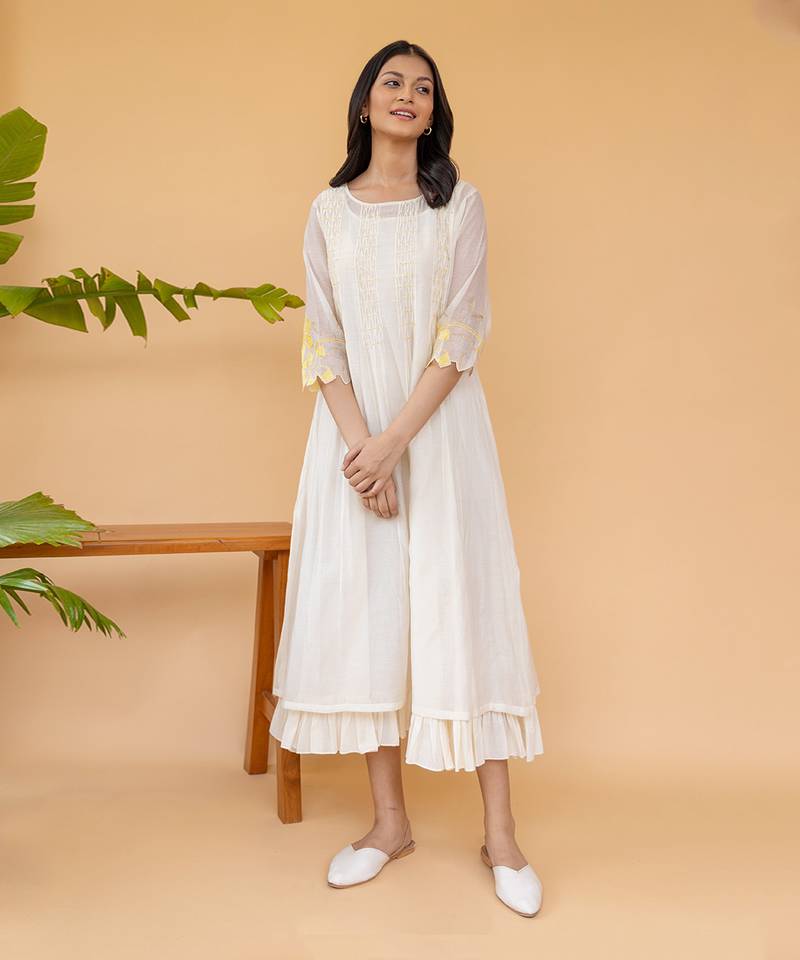Yellow Embroidery On Sleeves, Four Smocking Lines With Frill Inner Dress