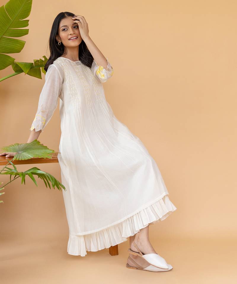 Yellow Embroidery On Sleeves, Four Smocking Lines With Frill Inner Dress