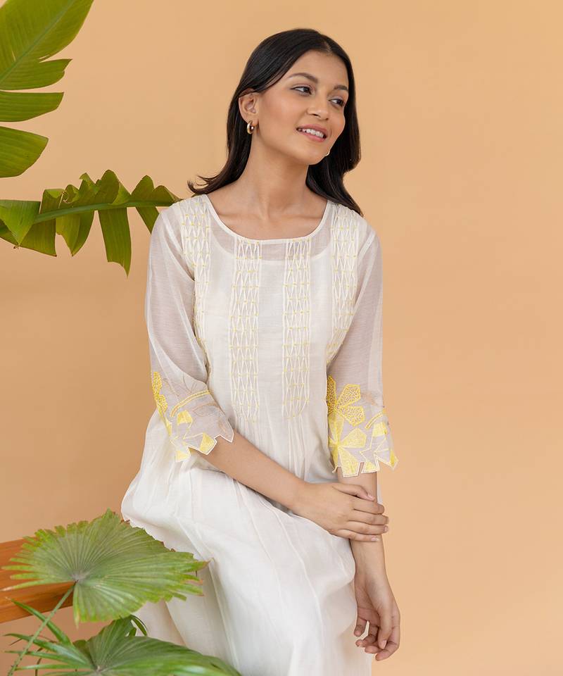 Yellow Embroidery On Sleeves, Four Smocking Lines With Frill Inner Dress