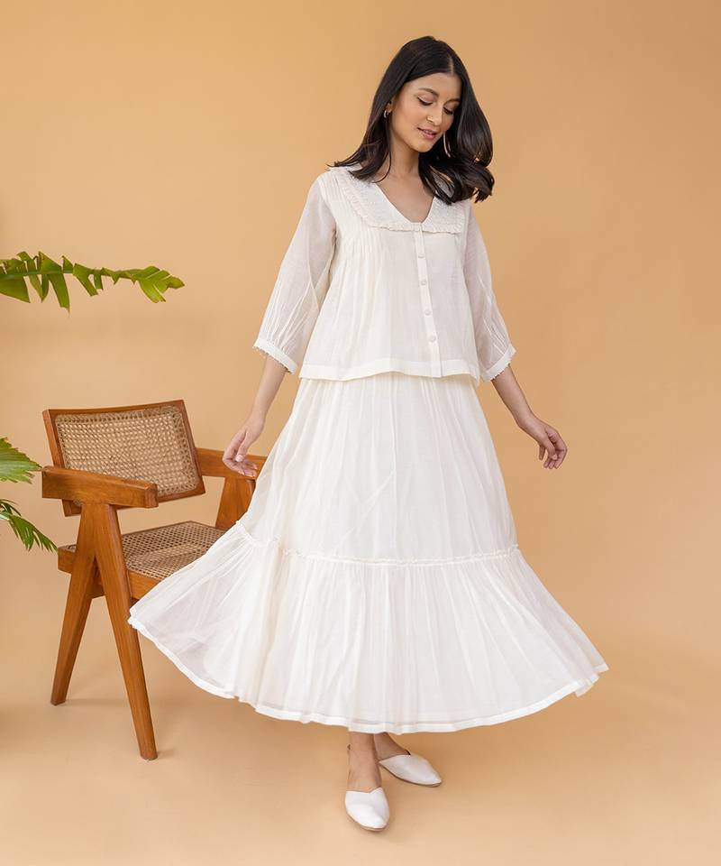 Two Frill Dress With Pearl Embroided  Short Jacket