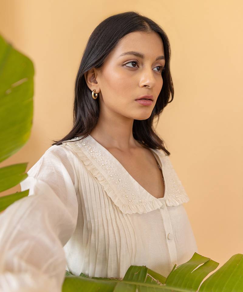 Two Frill Dress With Pearl Embroided  Short Jacket