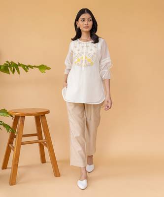 Yellow Embroidery On Yoke High Low Top 1