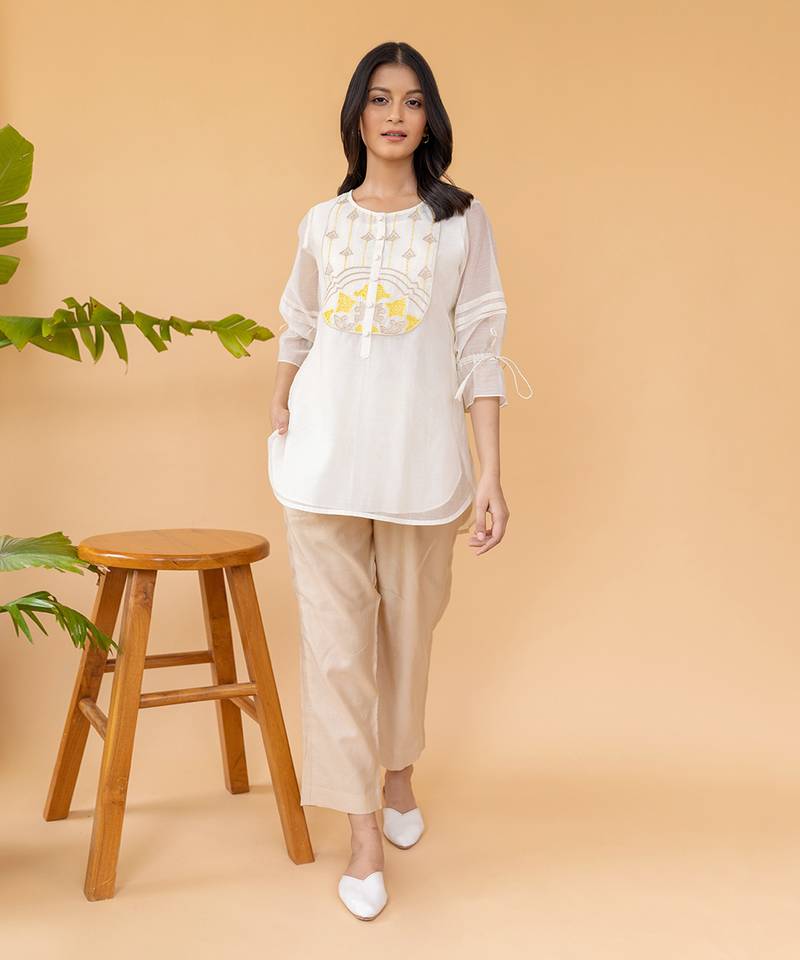 Yellow Embroidery On Yoke High Low Top