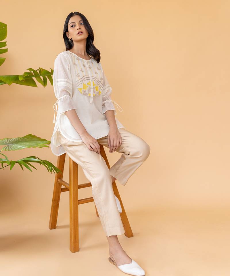 Yellow Embroidery On Yoke High Low Top