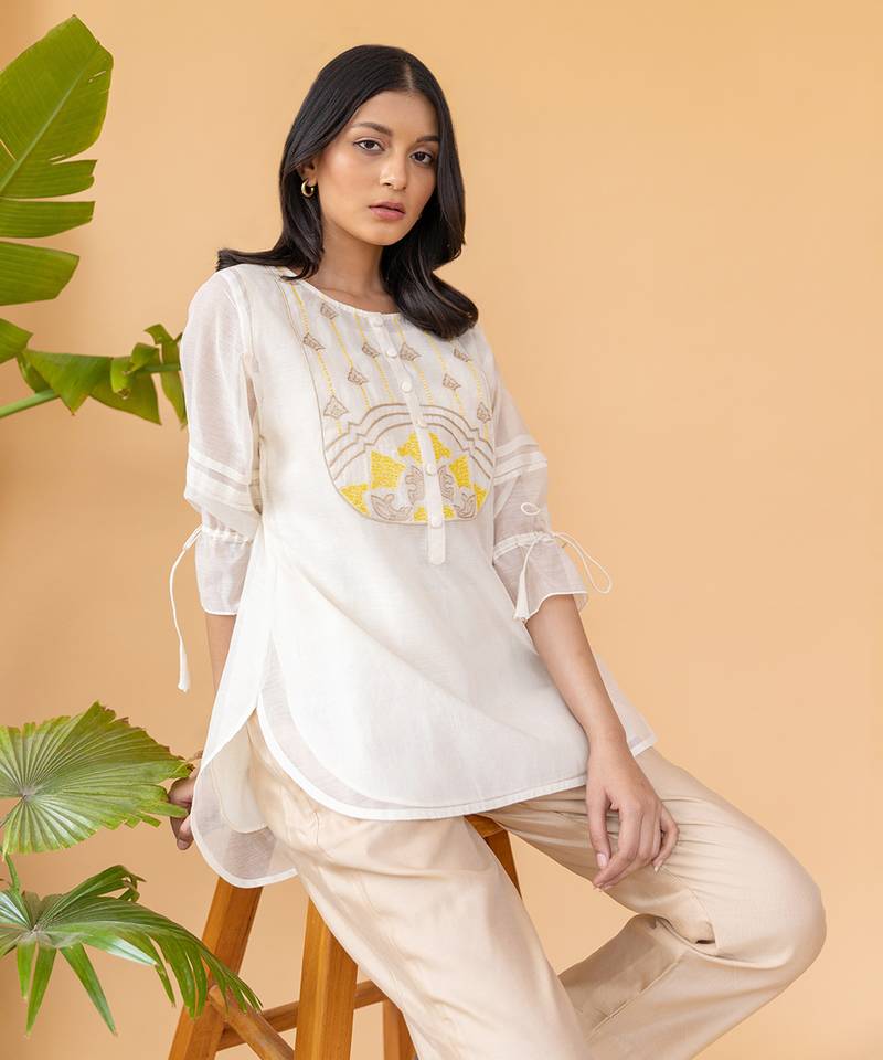 Yellow Embroidery On Yoke High Low Top