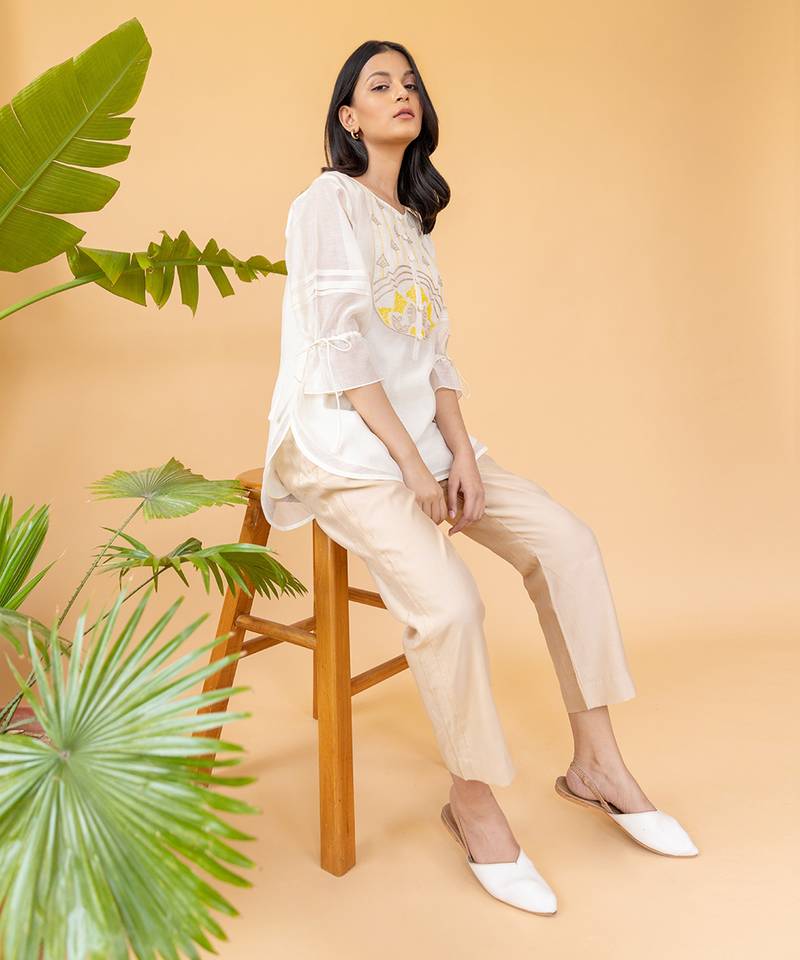 Yellow Embroidery On Yoke High Low Top