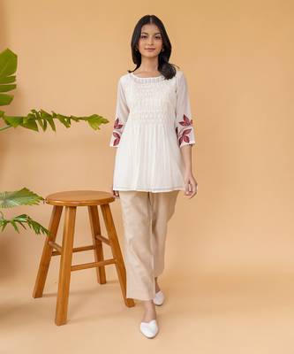Red Embroidery On Sleeves With Smocking In The Center Top And Straight Cotton Pants In Beige 1
