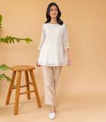 Yellow Embroidery On Sleeves With Smocking In The Center Top And Straight Cotton Pants In Beige