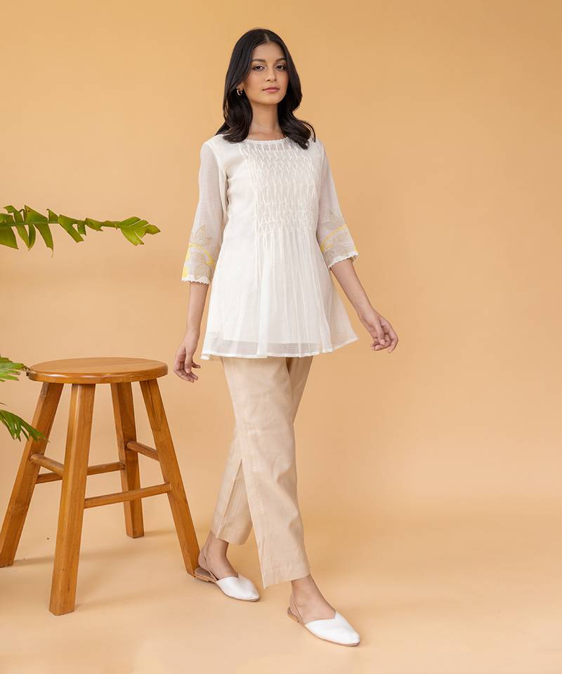 Yellow Embroidery On Sleeves With Smocking In The Center Top And Straight Cotton Pants In Beige