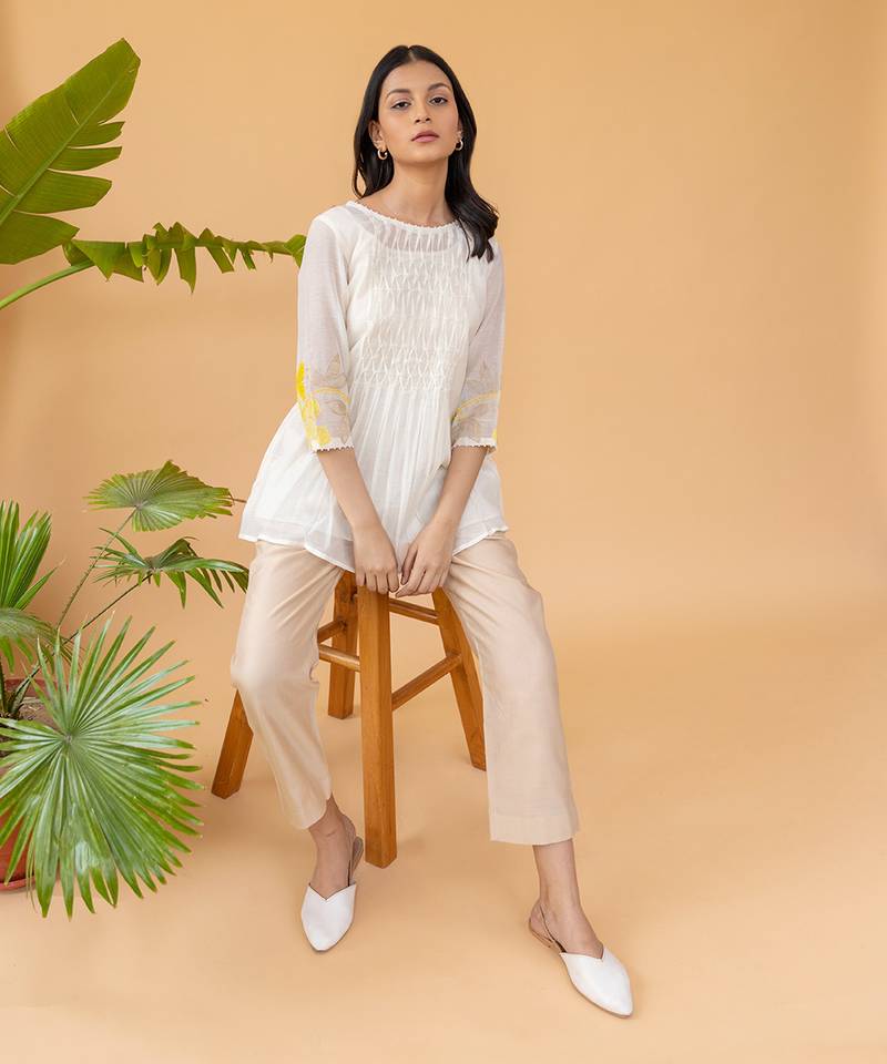 Yellow Embroidery On Sleeves With Smocking In The Center Top And Straight Cotton Pants In Beige