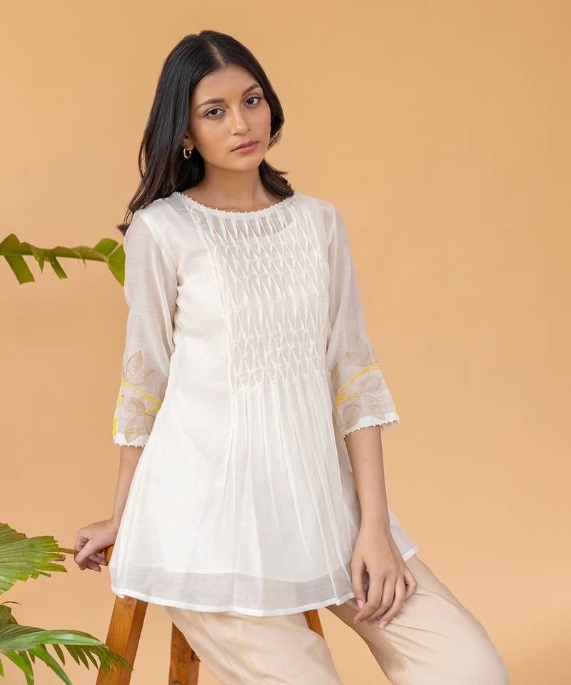 Yellow Embroidery On Sleeves With Smocking In The Center Top And Straight Cotton Pants In Beige
