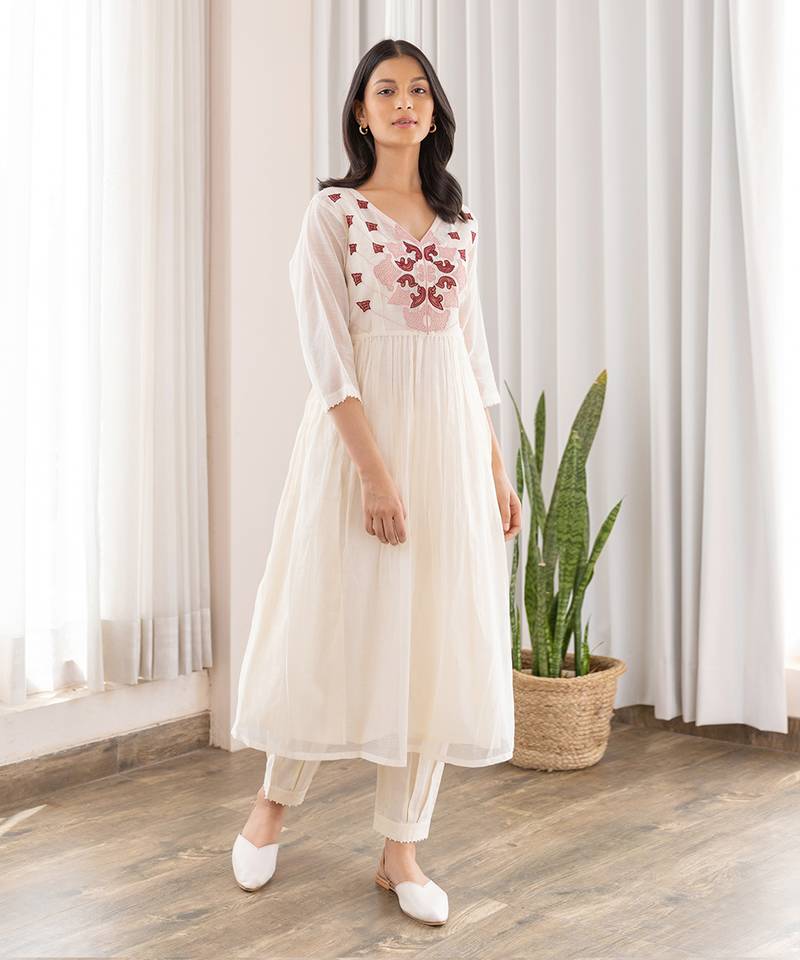 Red Full Yoke Embroided Kurta With Pleated Pants