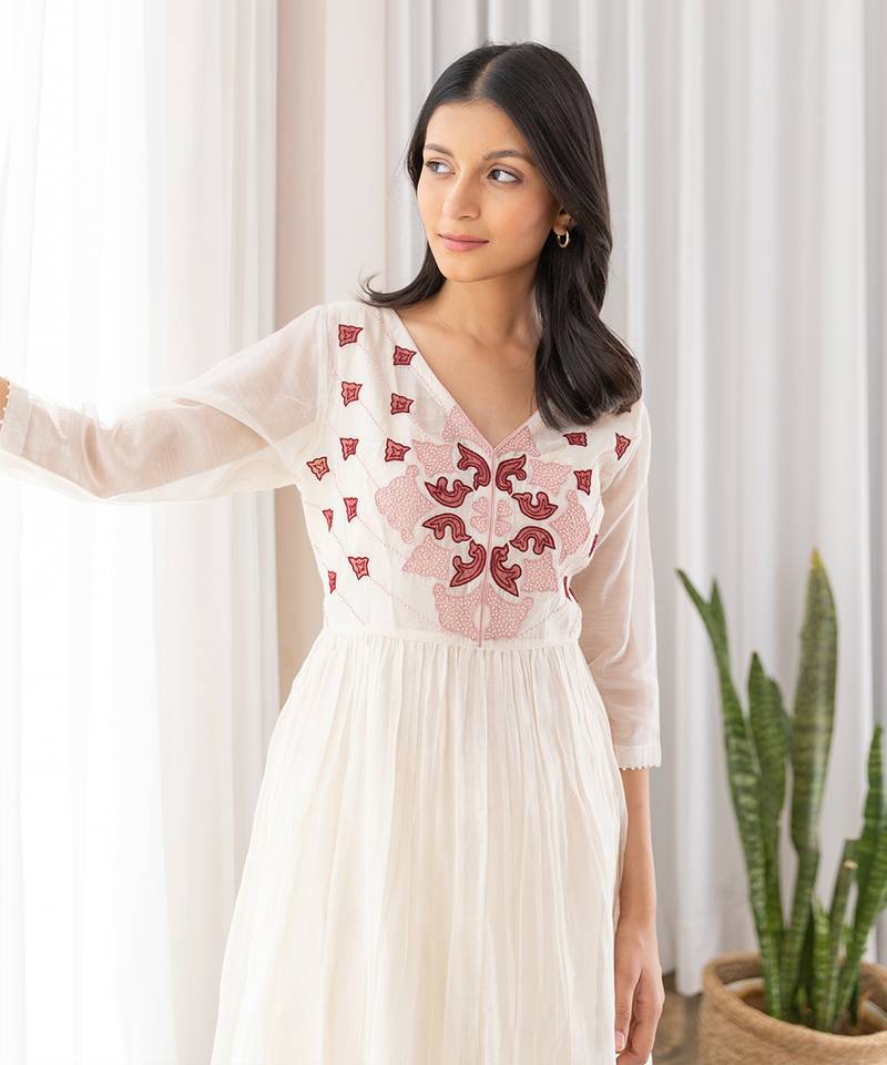 Red Full Yoke Embroided Kurta With Pleated Pants