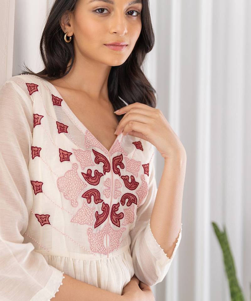 Red Full Yoke Embroided Kurta With Pleated Pants