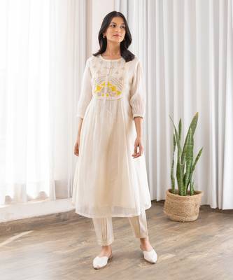 Yellow Half Yoke Embroided Kurta With Pleated Pants 1