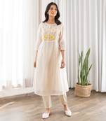 Yellow Half Yoke Embroided Kurta With Pleated Pants