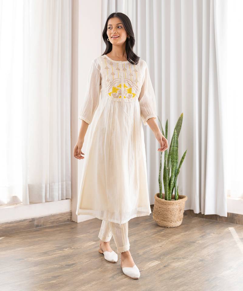 Yellow Half Yoke Embroided Kurta With Pleated Pants