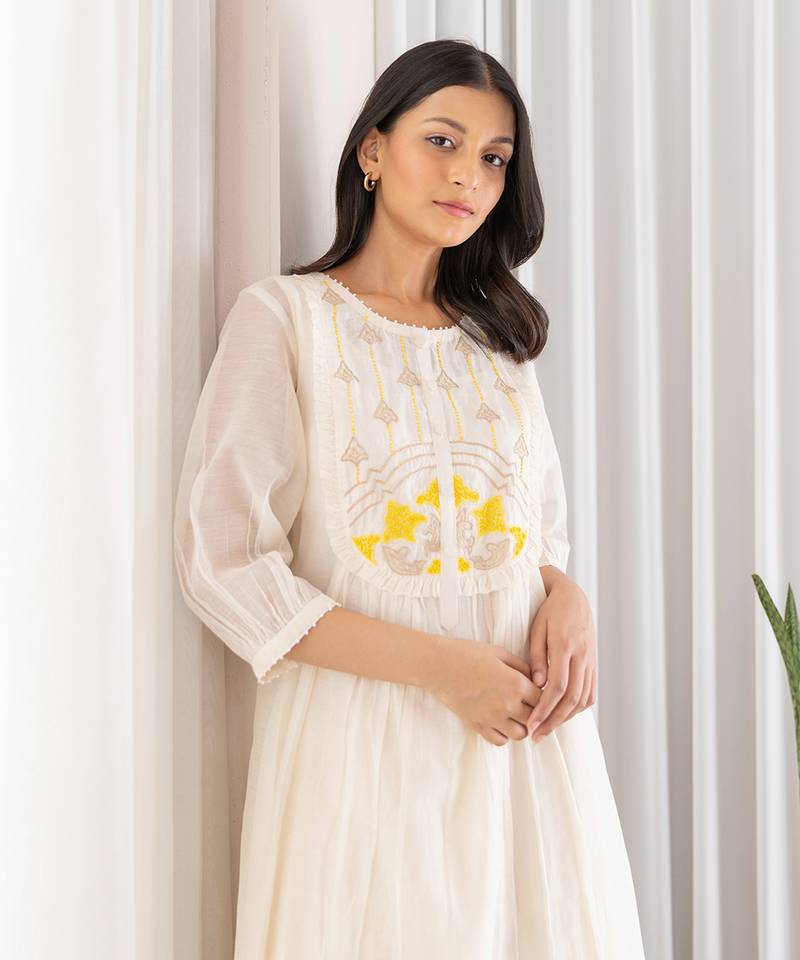 Yellow Half Yoke Embroided Kurta With Pleated Pants