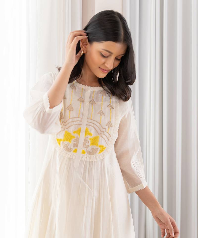Yellow Half Yoke Embroided Kurta With Pleated Pants
