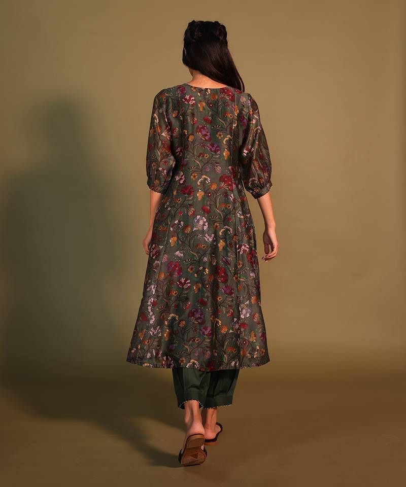 Green Kurta With Frill Deatiling Yoke And Pleated Pants