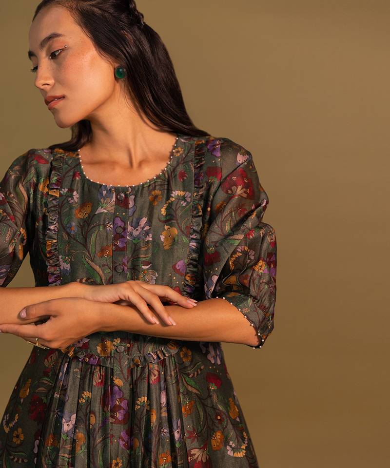 Green Kurta With Frill Deatiling Yoke And Pleated Pants