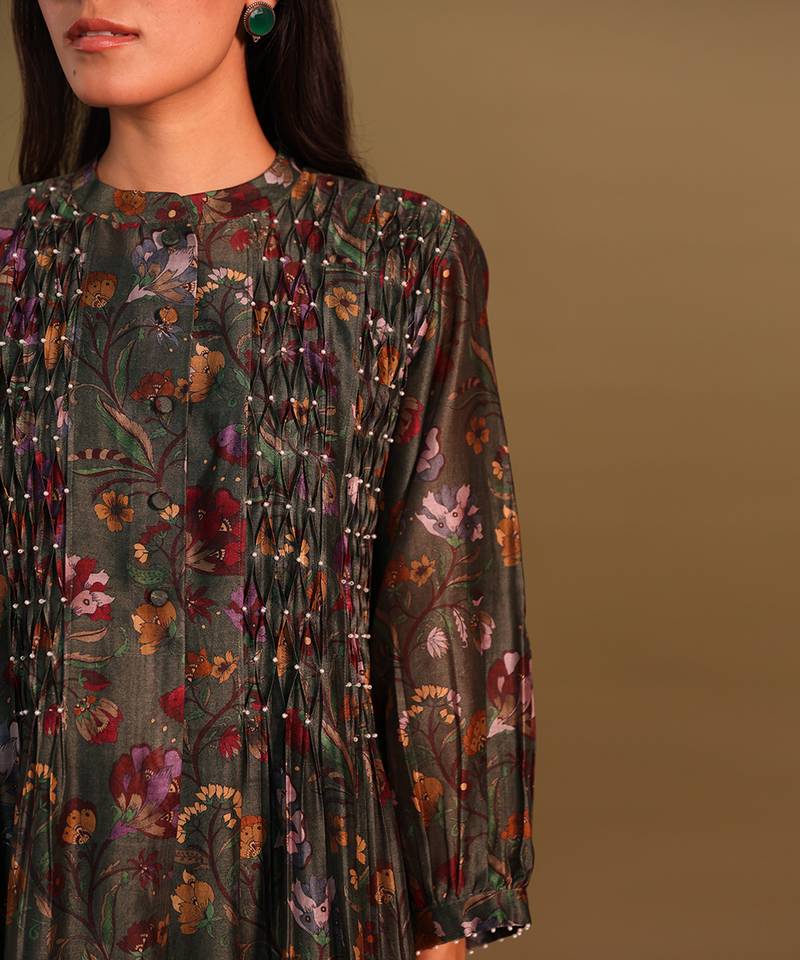 Green Kurta With Pearl Detailed Smocking And Pleated Pants