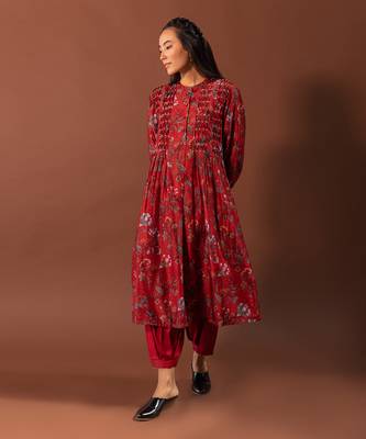 Red Kurta With Pearl Detailed Smocking And Pleated Pants 1