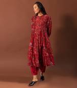 Red Kurta With Pearl Detailed Smocking And Pleated Pants