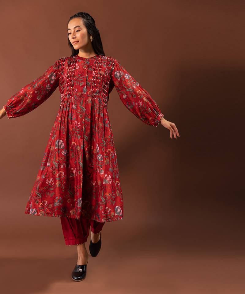 Red Kurta With Pearl Detailed Smocking And Pleated Pants