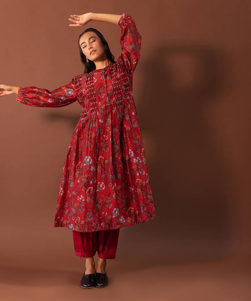 Red Kurta With Pearl Detailed Smocking And Pleated Pants