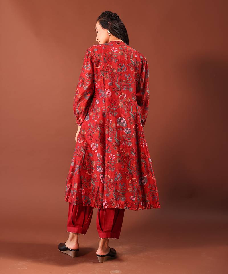 Red Kurta With Pearl Detailed Smocking And Pleated Pants