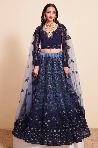 Blue Thread & Badla Embroidered With Four Side Cut Work Embellished Designer Wedding Lehenga