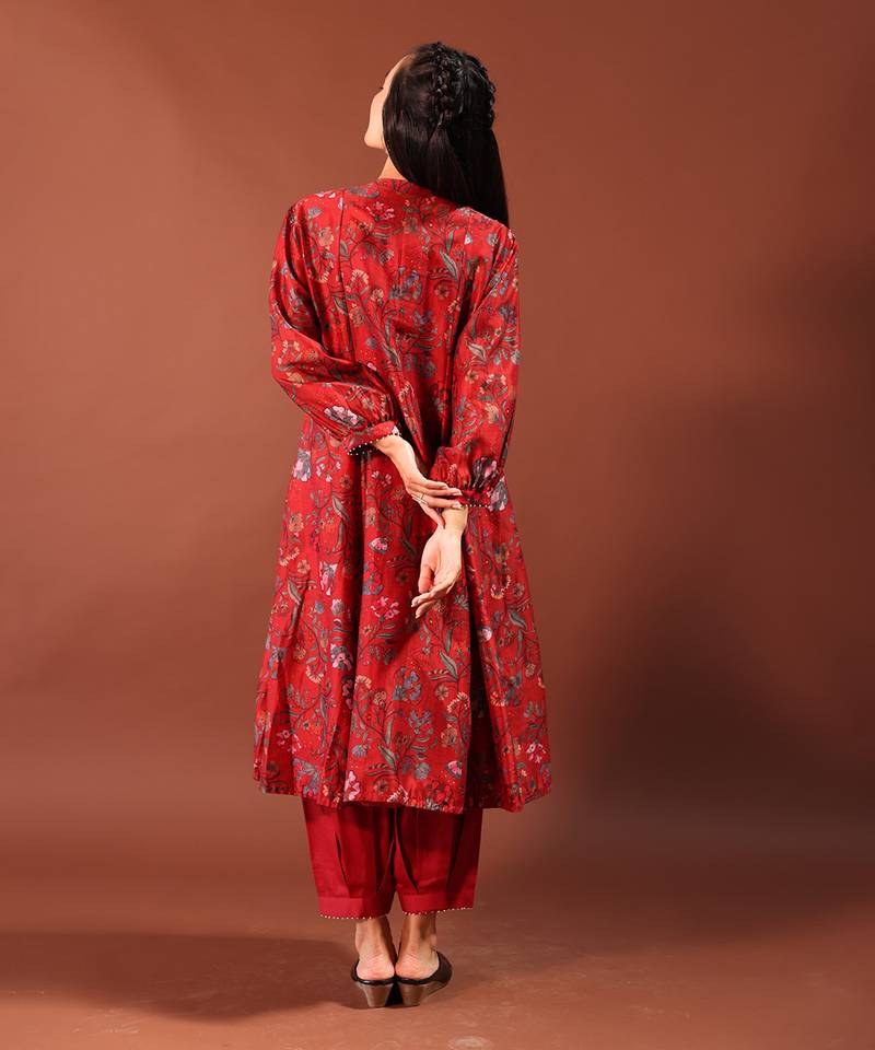 Red Kurta With Pearl Detailed Smocking And Pleated Pants