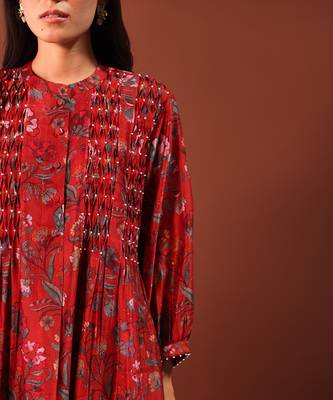 Red Kurta With Pearl Detailed Smocking And Pleated Pants 6