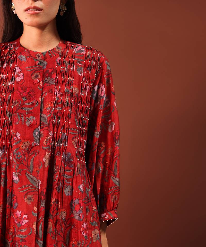 Red Kurta With Pearl Detailed Smocking And Pleated Pants